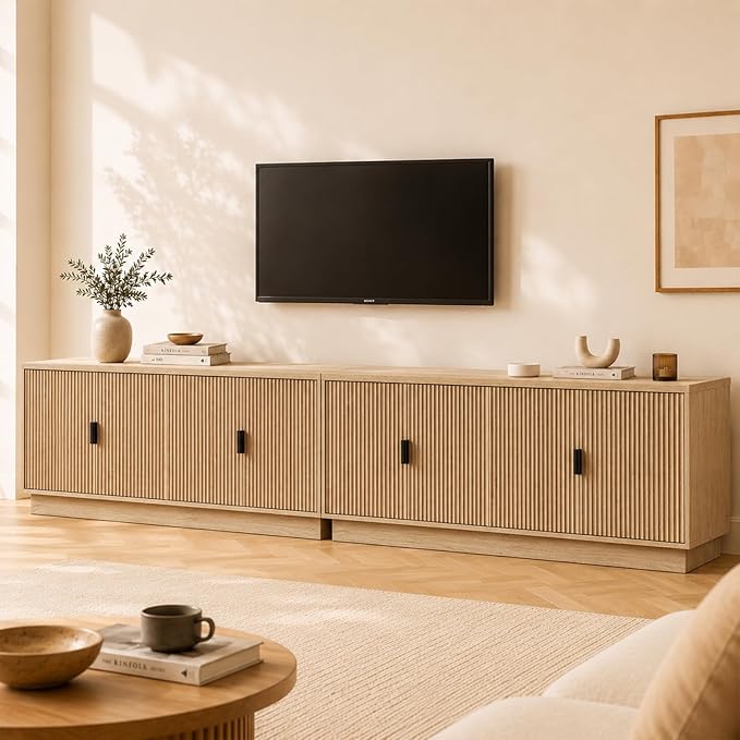 Fatmok 68" TV Stand for 75 Inch TV, Modern Entertainment Centers with Adjustable Shelves, Wooden Media Consoles with 4 Fluted Doors for Living Room, Natural Oak, Set of 2