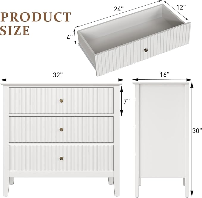 RoyalCraft 32" Large Nightstand, Fluted Painted Bedside Table with 3 Spacious Drawers, Modern Tall End Table for Bedroom, White