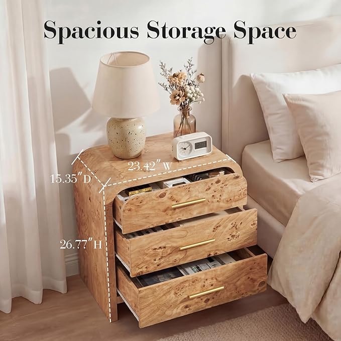 Night Stand Set of 2 [Unique Curved Profile] [FSC-Certified Wooden Board] 3-Drawer Nightstand 24" H Metal Handle Modern Bedside Table
