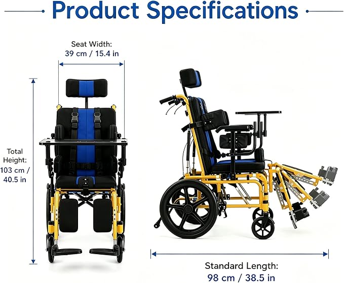 Pediatric Full Reclining Wheelchair - Heavy Duty 220 lbs Capacity Folding Kids Wheelchair with Elevating Footrest, Headrest & Meal Tray, Portable Mobility Aid for Children with Special Needs (Yellow)