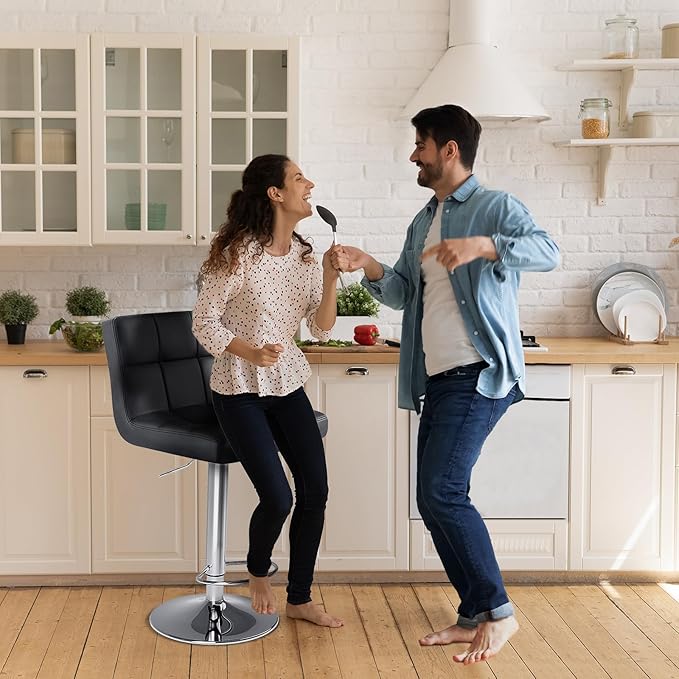 DUMOS Bar Stools Set of 2, 24 inch Counter Height Bar Stools, Upholstered Modern Kitchen Barstools with Metal Base, PU Leather Saddle Stools for Kitchen Island, Inky Black