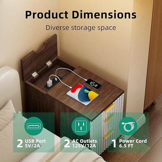 Kalrin Charging Nightstand with Hidden Outlets & 3 Drawers, Modern End Table, Bedside Table with USB Ports, Wave Groove Design, Compact Size, Heavy Duty Engineered Wood, Brown & White