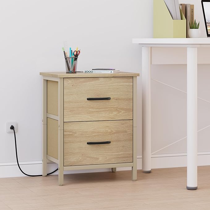 Vagusicc Nightstand with Charging Station, Bedside Table with USB Ports and Outlet, End Table Side Table with 2 Fabric Drawers for Bedroom, Living Room, Natural