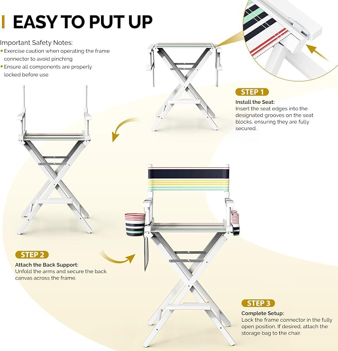 OmySalon Director's Chair 31" Height Folding Portable w/Storage Pouch & Footrest, Makeup Artist Chair for Salon, Events, Mobile, 250lb Capacity, White Wood Frame & Striped Canvas Seat