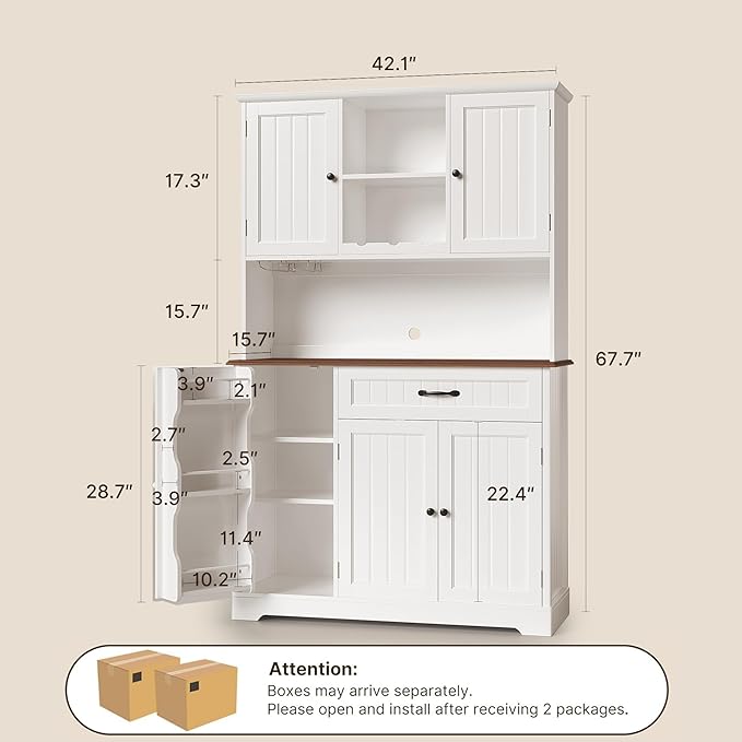 Gizoon Kitchen Pantry Cabinet with Countertop Kitchen Hutch Storage Cabinet 67.7" Tall Pantry Coffee Bar with Storage for Dining Room and Craft Room, White and Rustic
