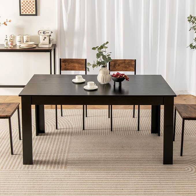 Giantex Dining Table for 6, Rectangular Kitchen Table with 330Lbs Capacity, Stable Structure, 63" L x 31.5" W x 30" H Large Farmhouse Center Tables for Dinner, Dinette, Dining Room, Black
