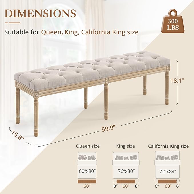 LUE BONA 60" Fabric End of Bed Bench, Upholstered Tufted French Bedroom Bench with Carved Legs for Bedroom End of King Size Bed, Living Room, Linen