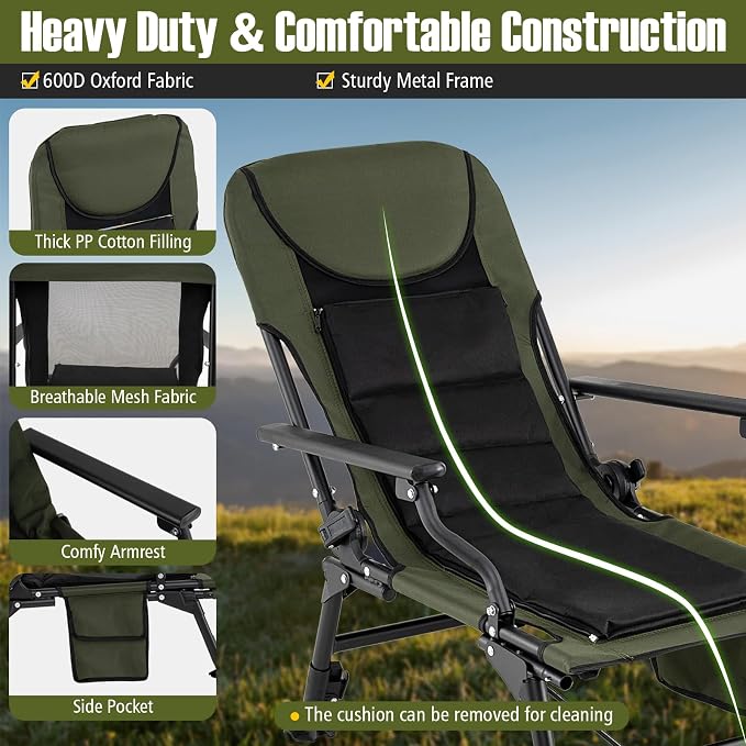 GYMAX Foldable Fishing Chair, Heavy Duty All-Terrain Camping Chair, Detachable Footrest, 180° Adjustable Padded High-Back, Portable Recliner for Outdoor (Detachable Footrest)