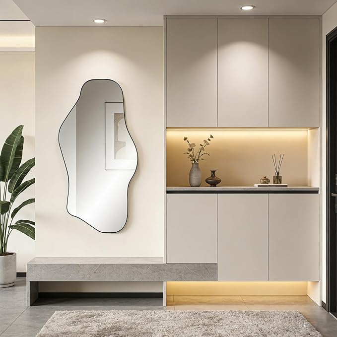 Irregular Wall Mirror, 47"x25" Asymmetrical Aesthetic Mirror with Metal Frame, Modern Organic Mirrors for Living Room Bathroom Bedroom Hallway Entryway, Horizontal or Vertical Hanging