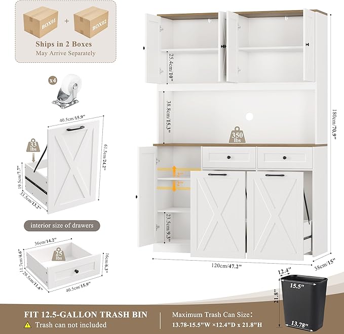 HOSTACK 71"H Kitchen Trash Can Cabinet, 12.5 Gallon Double Pull Out Garbage Can Hutch Cabinet with Trash Bin Storage Holders, 47" Wide Kitchen Pantry with Hidden Garbage Storage for Dining Room, White