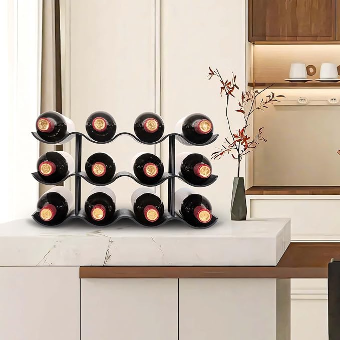 Countertop Wine Rack - 12 Bottle Freestanding Wine Bottle Holder Stand - 3 Tier Wooden Wine Storage Rack - Black Wavy Wine Organizer for Cabinet Pantry Home Kitchen Bar