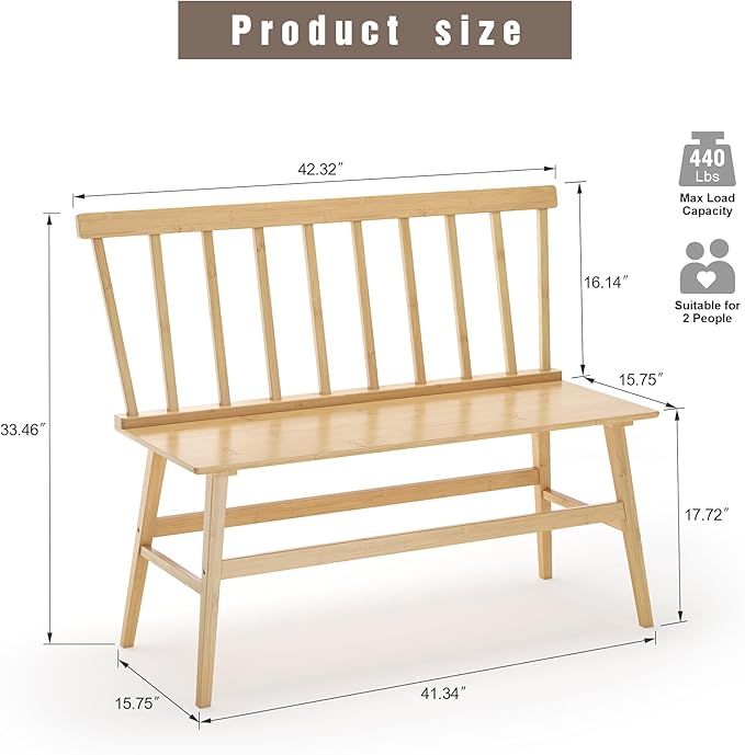 Bamboo Dining Bench, Entryway Bench with Spindle Back Farmhouse Wood Windsor for Foyer Balcony Living Room (Nature)