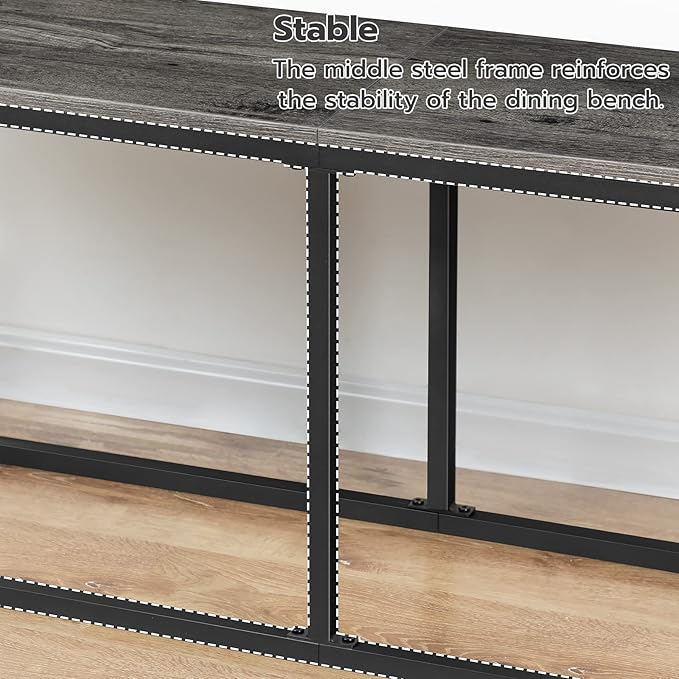 HOOBRO Dining Bench, 47.2 Inch Industrial Style Kitchen Table Bench, Steel Frame, Easy to Assemble, for Kitchen, Dining Room, Charcoal Gray and Black BC12CD01