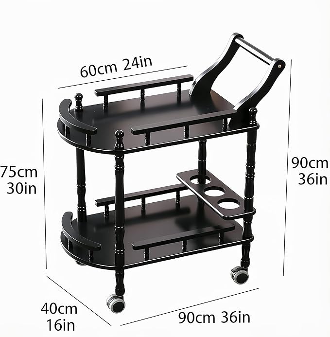 Entertainment Kitchen Cart, Midcentury Modern Imported rubberwood Black Finished Wood 2-Tier Mobile Bar Cart Serving Cart