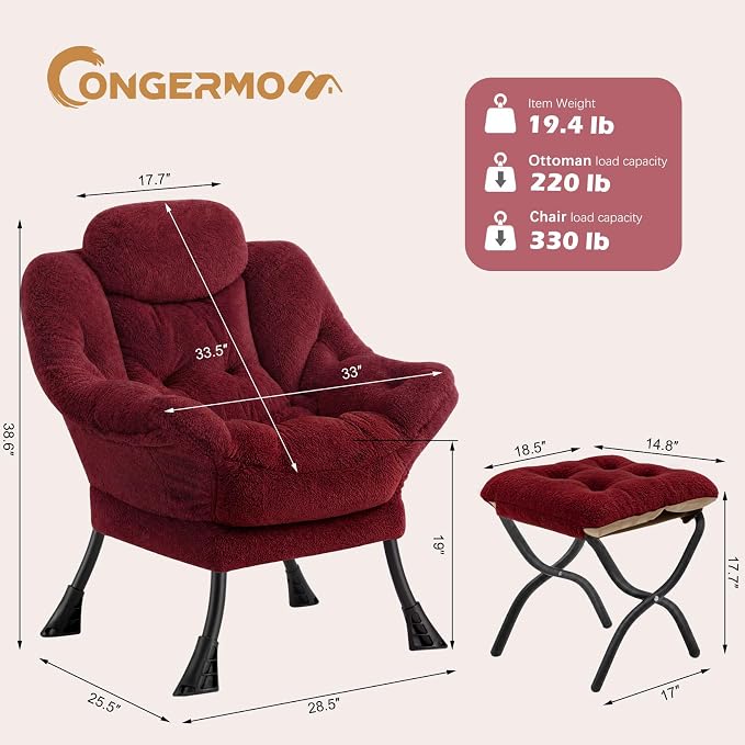 Lazy Chair with Folding Ottoman,Leisure Sofa Chair,Soft Fabric Armchair with Armrests and Side Pockets, Reading Chair with Footrest for Living Room, Bedroom, Office (Plush Red)