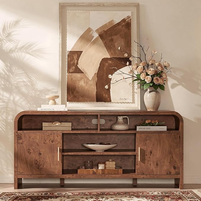 Entertainment Center for Living Room, Curved TV Stand with 3 Adjustable Shelves [FSC-Certified Wooden Board] Modern Media Console for TVs up to 65'', Farmhouse Storage Cabinet