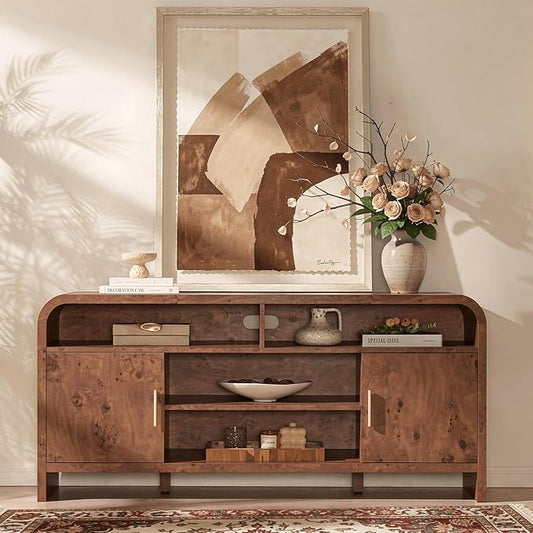 Entertainment Center for Living Room, Curved TV Stand with 3 Adjustable Shelves [FSC-Certified Wooden Board] Modern Media Console for TVs up to 65'', Farmhouse Storage Cabinet