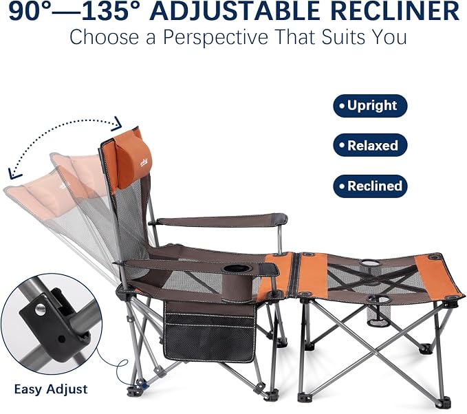apollo walker Reclining Beach Chair, Adjustable 90-135° Backrest Camping Lounge Chairs for Adults, Folding Chair with Foot Rest & Detachable Pillow - Upgraded 8-Leg, Orange