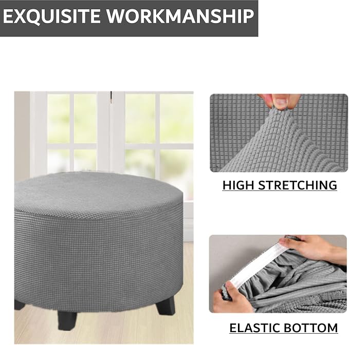 Stretch Ottoman Slipcover – Round Furniture Protector Fits 20"-23" Dia, for Footrests, Storage Ottomans & Folding Stools – Elastic Fabric Cover (Light Grey, Medium)