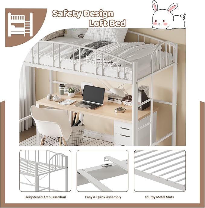 GarveeHome Loft Bed Twin Size, Heavy Duty Metal Loft Bed Frame with Arched Guardrail and Safety Ladder, Space-Saving, No Box Spring Needed, Modern White