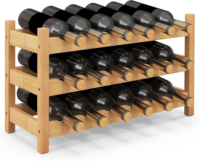 COSTWAY 3-Tier Bamboo Wine Rack, 18-Bottle Tabletop Wine Holder with Wave Slot, Freestanding Countertop Wine Bottle Organizer for Kitchen, Pantry, Pub & Wine Cellar, Natural (24.5L x 9.5W x 15H)