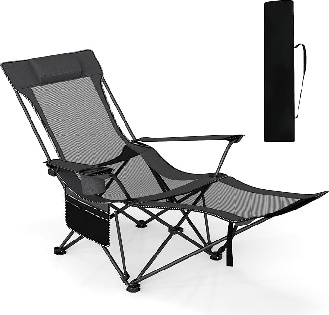 GYMAX Reclining Camping Chairs with Footrest, Lightweight Foldable Camping Chairs with Cup Holders, Adjustable Backrest, Headrest, Heavy Duty Camp Chair for Adult Outdoor Fishing Beach (Grey,1)