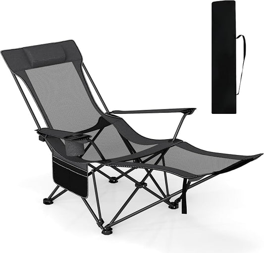 GYMAX Reclining Camping Chairs with Footrest, Lightweight Foldable Camping Chairs with Cup Holders, Adjustable Backrest, Headrest, Heavy Duty Camp Chair for Adult Outdoor Fishing Beach (Grey,1)