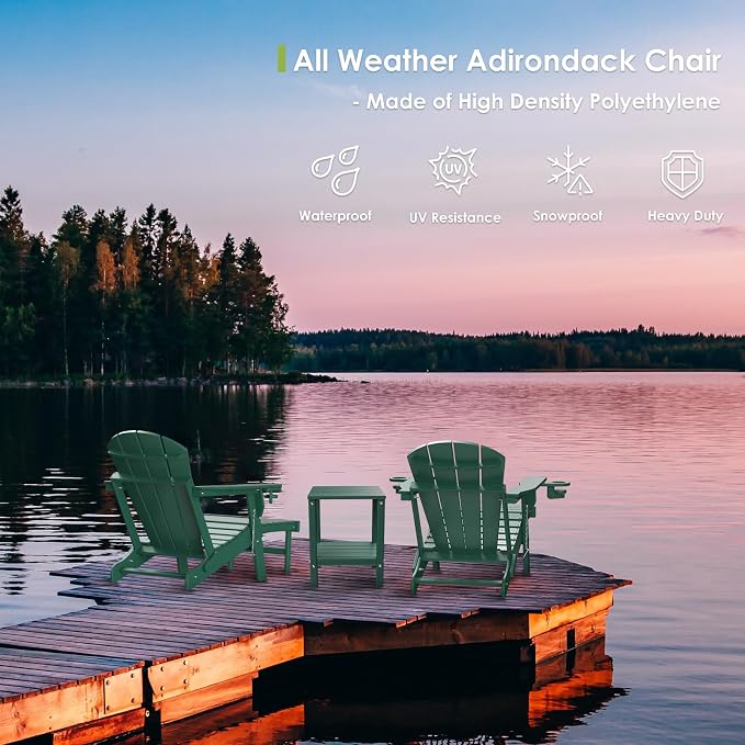 GREENVINES Adirondack-Chairs-with-Ottoman | Set of 4 | Folding | Retractable-Footrest | HDPE Plastic | All Weather Fire Pit Chair | Cup Holders | Forest | for Outdoor Poolside