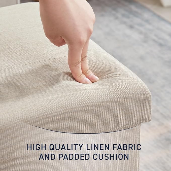 Ornavo Home 2 Pack 15 Inch Folding Storage Ottoman, Square Cube Linen Small Storage Ottoman Foot Rest Stool - Beige