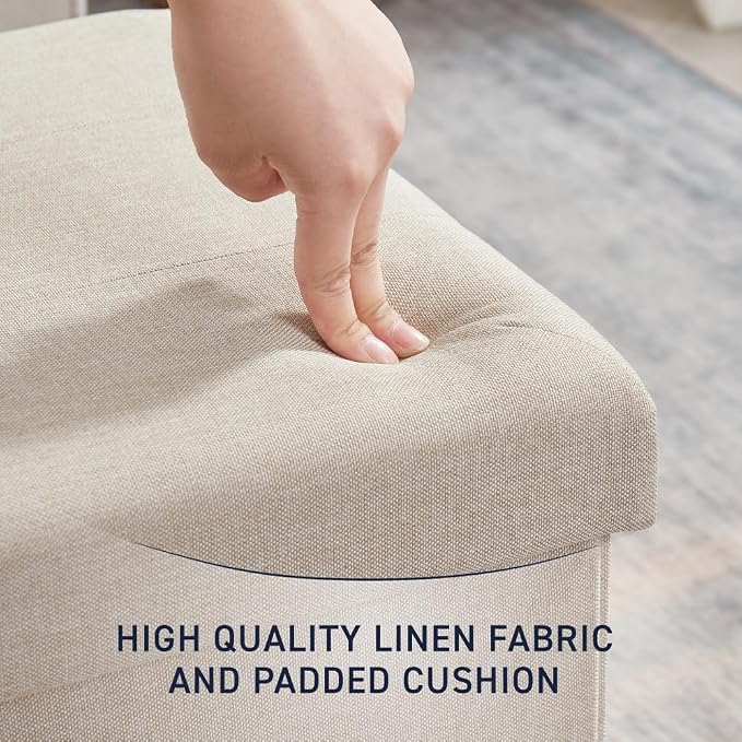 Ornavo Home Folding Storage Ottoman, 15 Inch Storage Cube with Lid, Foot Rest Stool for Bedroom, Living Room, Entryway, Tufted Linen Upholstered - Beige