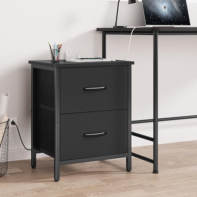 Vagusicc Nightstand with Charging Station, Bedside Table with USB Ports and Outlet, End Table Side Table with 2 Fabric Drawers for Bedroom, Living Room, Black