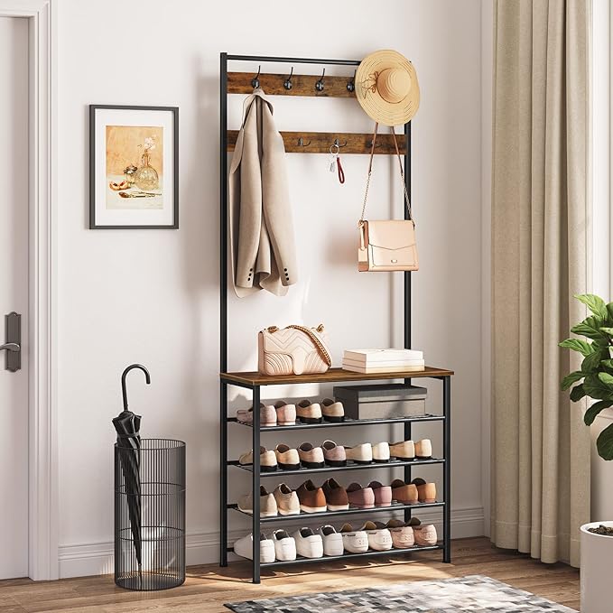 HOOBRO Hall Tree, Coat Rack with Shoe Rack, Hall Tree with Bench, 5 Tier Shoe Storage Organizer with 9 Hooks for Entryway, Closet, Sturdy, Industrial, Rustic Brown and Black BF80MT01G2