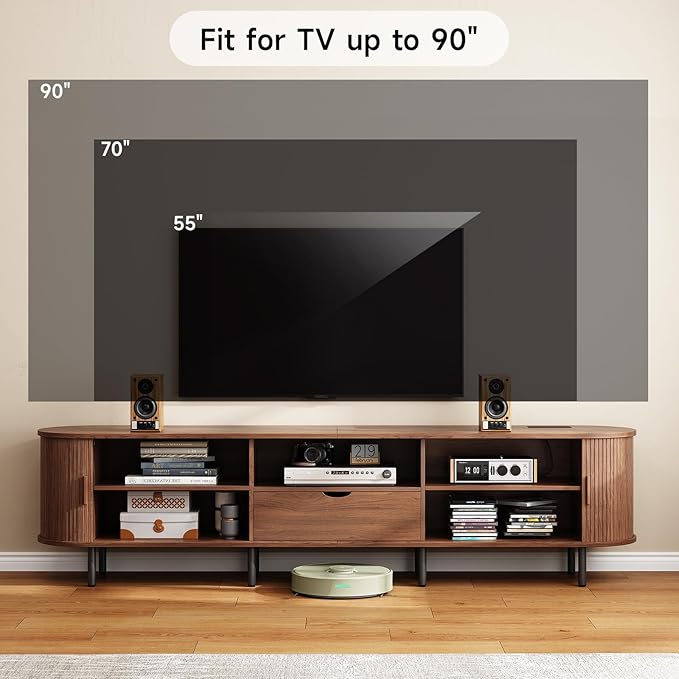 ONBRILL 86.6" TV Stand with Power Outlet for TVs up to 90", Entertainment Center with Storage and Drawer, TV Console with Adjustable Shelves and Sliding Door, TV Stand for Living Room, Bedroom, Walnut
