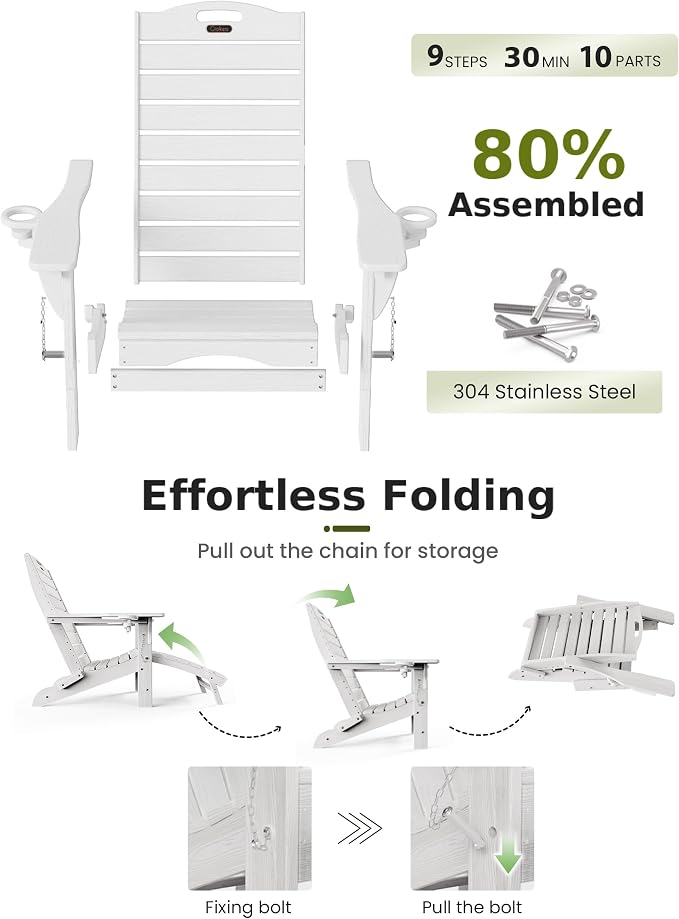 Ciokea Folding Adirondack Chair Set of 2 with Retractable Ottoman Fire Pit Patio Chair with Pull Out Foot Rest Weather Resistant Lawn Outdoor Chair with 2 Cup Holder (White)