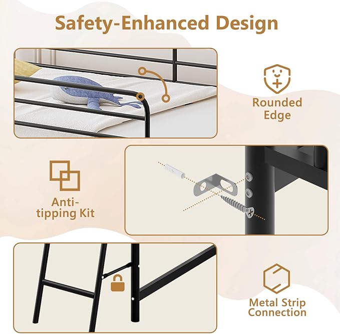JOYMOR Low Loft Bed with Inclined Ladder, Metal Twin Size Bed Frame with 15” High Guardrail for Boys Girls, Junior, Space Saving, Mattress Not Included (Black)