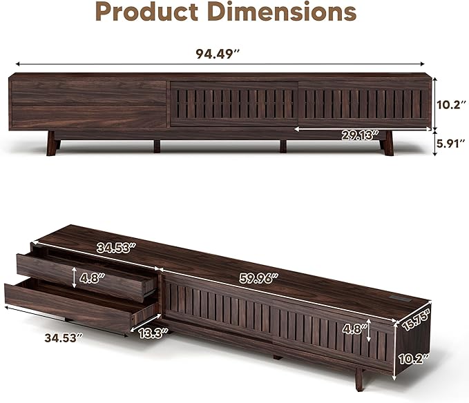TV Stand for up to 100 Inch TVs, 94.5" Entertainment Center with Storage & Power Outlet, Mid Century Modern Media Console w Drawers and Sliding Door, Television Stand for Living Room, Walnut