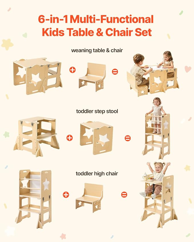 VEVOR 6-in-1 Toddler Kitchen Step Stool, Foldable Standing Tower with Blackboard & Whiteboard, Wooden High Chair for Toddlers, Kitchen Stool Helper with Detachable Stool, Montessori Table and Chair