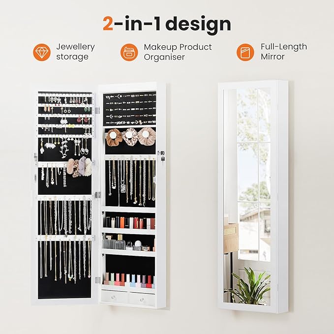 Elevon 6 LEDs Jewelry Cabinet Organizer, 47.2-inch Jewelry Armoire with Full-Length Mirror, Wall or Door Mounted Jewelry Storage, Lockable Large Capacity Storage, White