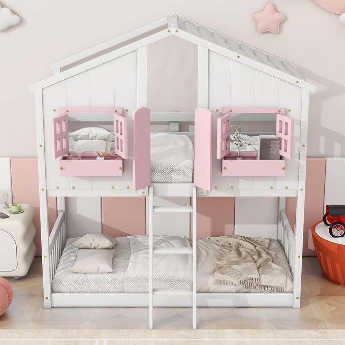 Twin Over Twin Floor House Bunk Bed with Roof and Window, Storage Box, Low Loft Bunker Bed for Small Space, No Box Spring Needed for Kids Girls Boys, Pink/White
