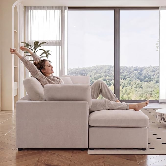 Modular Cloud Sectional Couches for Living Room, Large Modular Sectional Sofa with Ottoman, L Shaped 3 Seater Couch with Pillow, Beige - Chenille