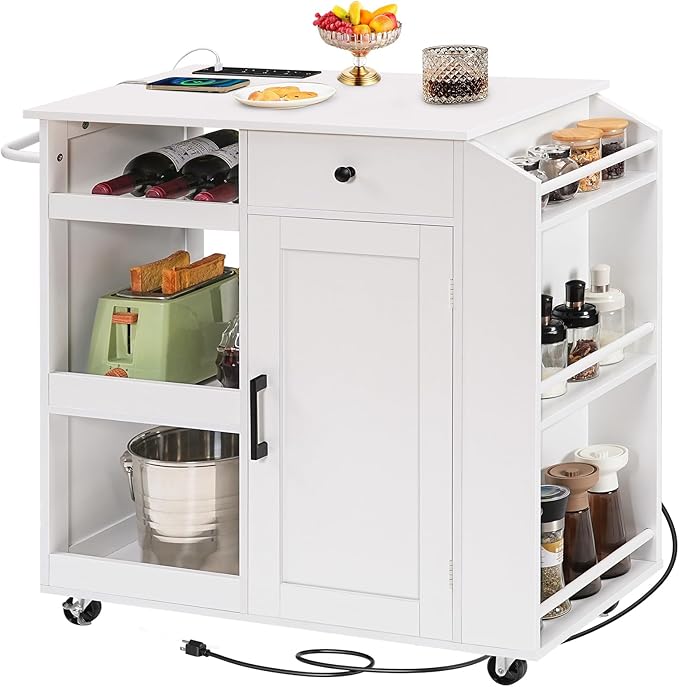 MAHANCRIS Kitchen Island with Power Outlet, Kitchen Storage Island with Drawer, Rolling Kitchen Cart on Wheels, Spice Rack, Towel Rack, Wine Rack, for Dining Room, White KIWT122E01