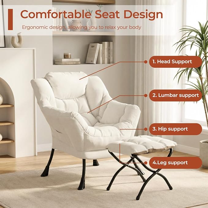 TLSUNNY Lazy Chair with Foldable Ottoman, Modern Comfy Lounge Chair, Large Sofa Armchair with Footrest and a Side Pocket, Reading Chair with Footstool for Bedroom, Living Room, Dorm (Beige)