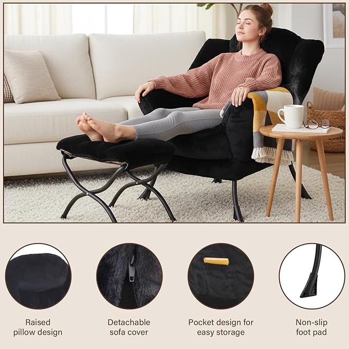 Welnow Lazy Chair with Ottoman, Modern Accent Chair with Armrests and a Side Pocket, Leisure Sofa Armchair, Reading Armchair with Footrest for Small Space, Plush Black