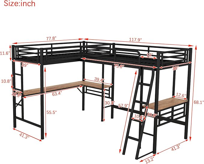 MERITLINE Metal L-Shaped Loft Bed for Two Kids Twin Size High Loft Bed Frame with Two Built-in Desks Underneath for Boys Teens, Black