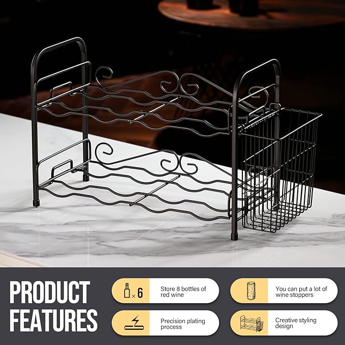 Wine Rack, 2-Tier 8 Bottles Wine Racks with Cork Holder Countertop Cabinet Wine Holder Wine Storage Shelf for Pantry Kitchen Bar Black