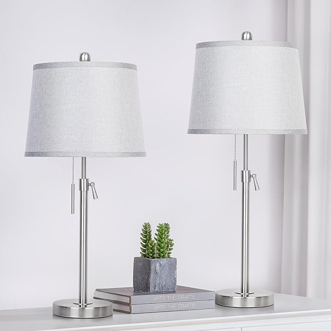 JUNNAI Table Lamps Set of 2, Bedside Lamp Silver Tall Table Lamps for Living Room End Tables, 22" to 30" Adjustable Height Lamp for Bedroom Nightstand Farmhouse with Pull Chain(Bulbs Included)