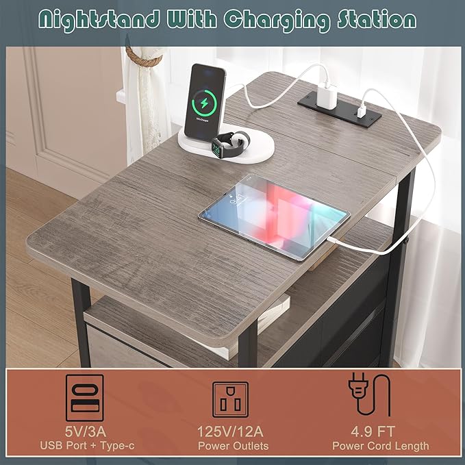 sthmec End Table with Charging Station, Side Tables Livingroom with USB Ports and Outlets,Narrow Nightstands Bedside Tables with 3 Drawers for Small Space,Slim Sofa Table Bedroom,Grey