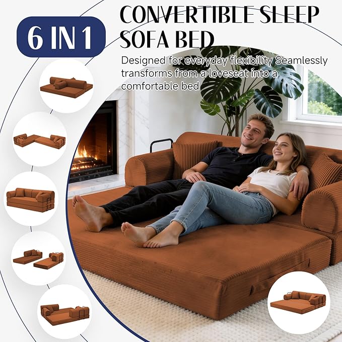 78.8" Convertible Sofa Bed with Detachable Arm Pillow, 6-in-1 Sectional Couches for Living Room, Corduroy Boneless Couch, Sleeper Loveseat Couch Bed, No Assembly, Orange Couch