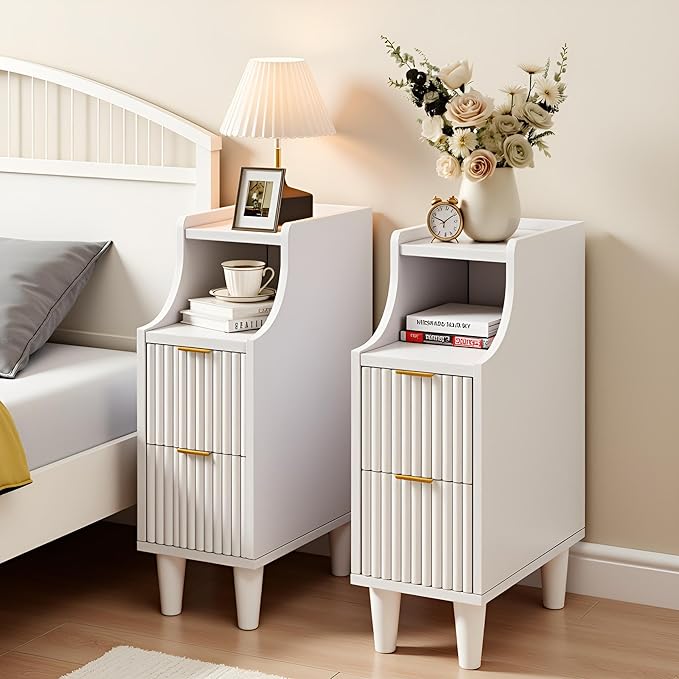 7.9" Narrow Fluted Nightstand Set of 2,Slim Side End Table with 2 Drawers,White Modern Bedside Table,Skinny Night Stand for Bedroom,Small Space