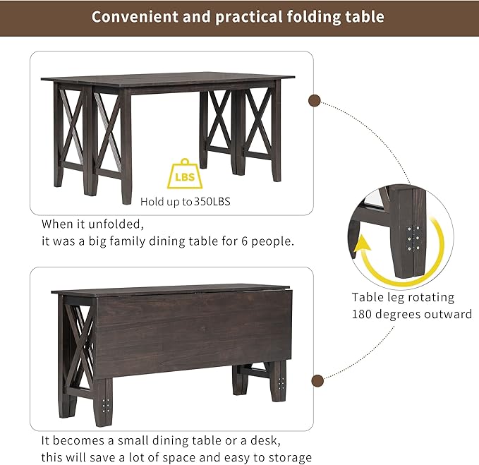 Harper & Bright Designs 6-Piece Family Dining Room Set Solid Wood Space Saving Foldable Table and 4 Chairs with Bench for Dining Room (Espresso)